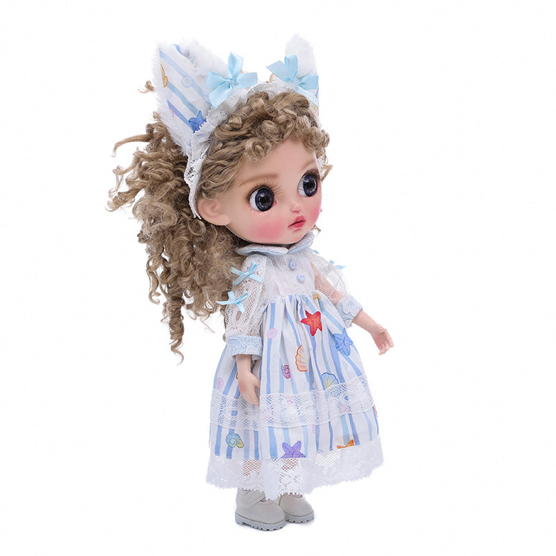 Cloveray 12-inch Big Eyes Porcelain Doll With Blue and White Dress