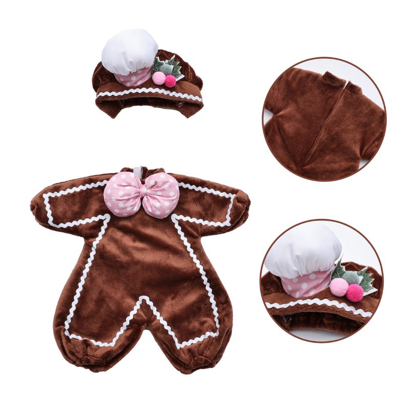 Cloveray 18 inch Newborn Gingerbread Man Photo Prop Set: Plush Romper + Chef Hat (Brown/Pink)