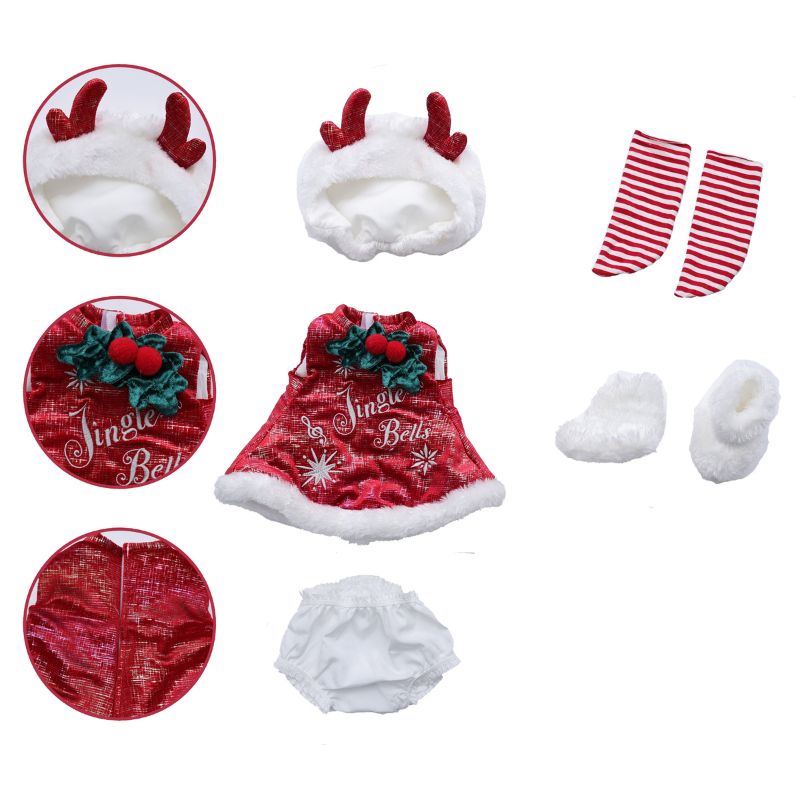 Cloveray 18 inch Newborn Reindeer Christmas Photo Prop Set: "Jingle Bells" Dress + Antler Hat + Socks + Booties