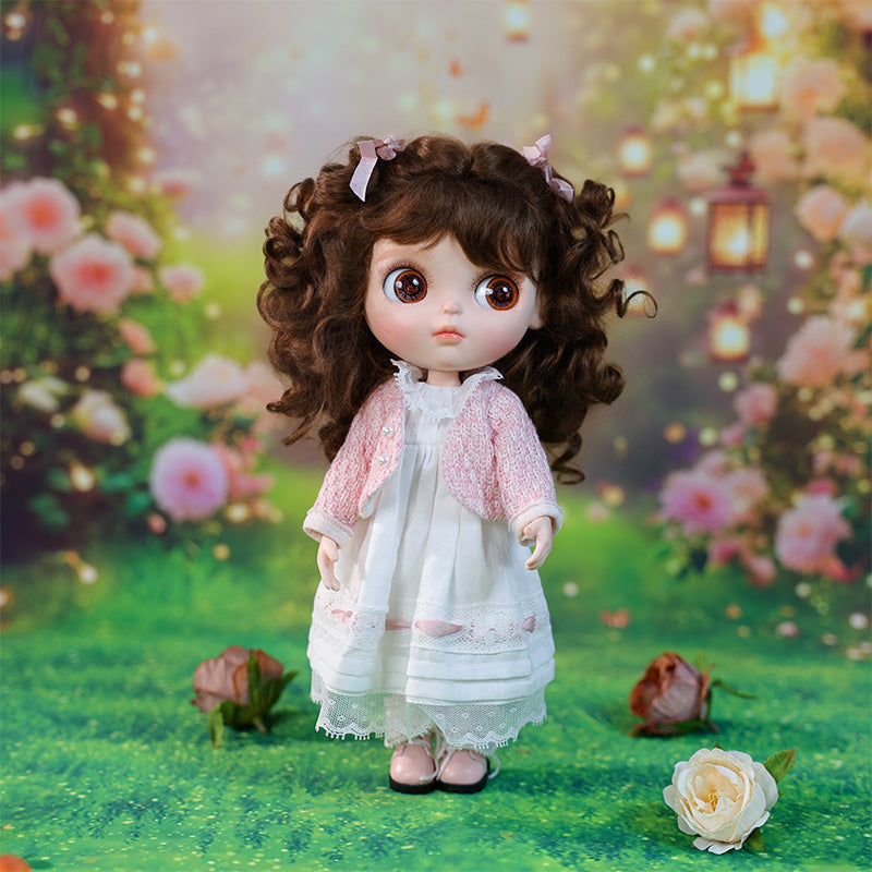 Cloveray 12-inch Big Eyes Porcelain Doll With White Dress and Pink Coat