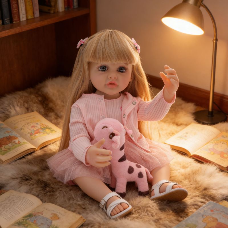 22-Inch Realistic Vinyl Baby Doll with Blue Eyes and Pink Outfit – Hand-Painted Collectible Doll with Blonde Hair