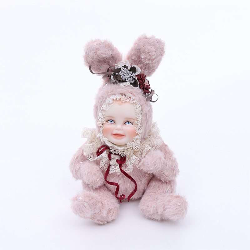 Cloveray 8 Inch High-Quality porcelain Smiling Rabbit-Eared Soft Pink Plush Doll