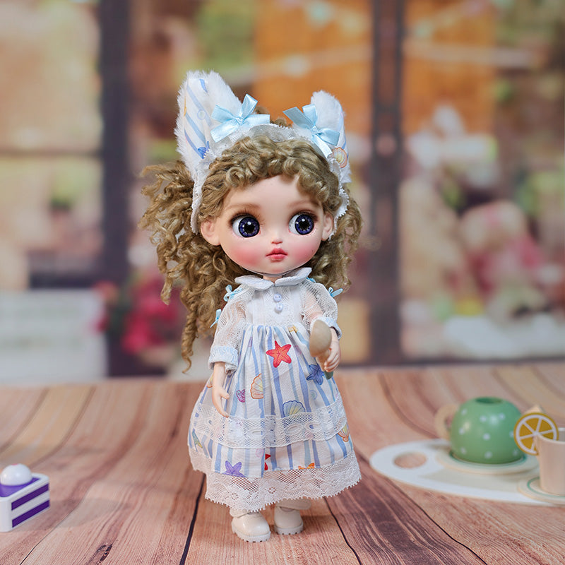 Cloveray 12-inch Big Eyes Porcelain Doll With Blue and White Dress