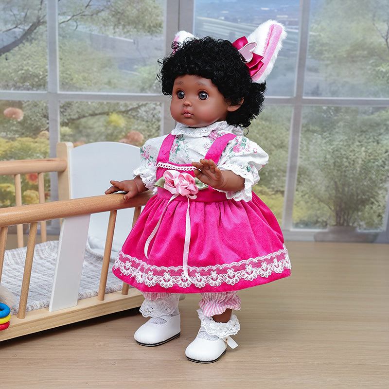Cloveray 18-Inch Dark-Skin Reborn Vinyl Doll in Pink Dress