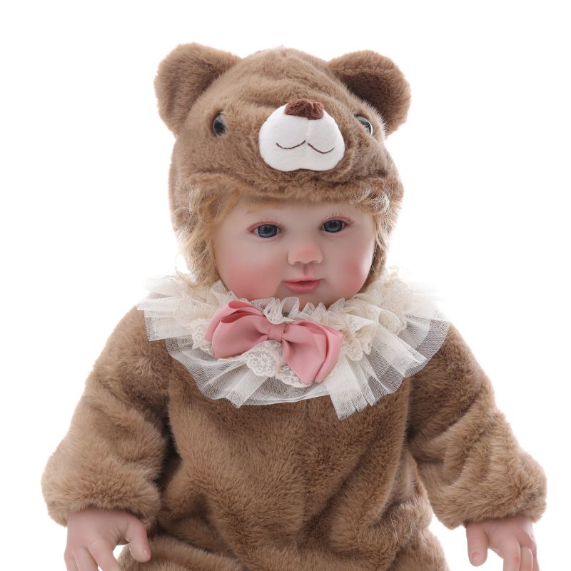 28-Inch Realistic Vinyl Baby Doll in Brown Plush Bear Suit – Hand-Painted Collectible with Blue Acrylic Eyes