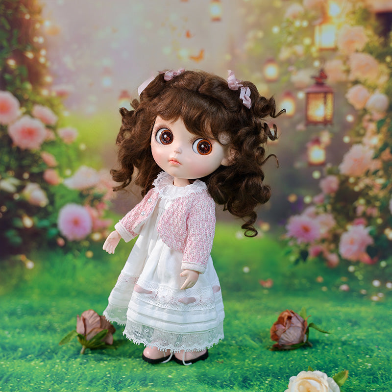 Cloveray 12-inch Big Eyes Porcelain Doll With White Dress and Pink Coat