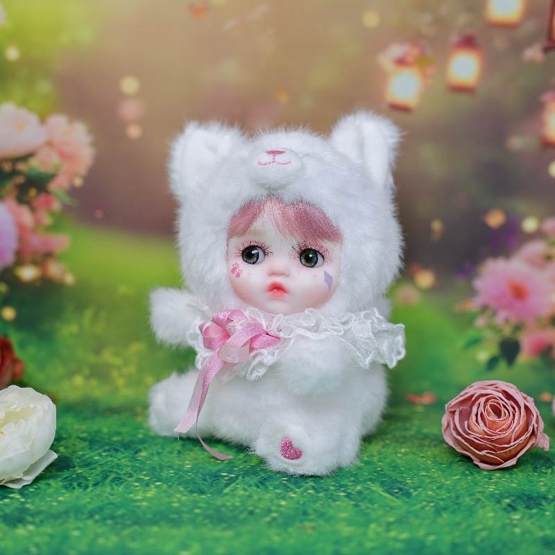 Cloveray 8 Inch High-Quality porcelain Cheeks Plush White Fox Hat Doll.