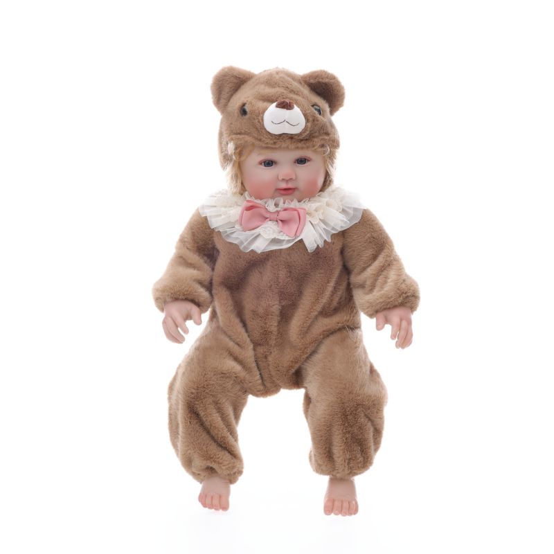 28-Inch Realistic Vinyl Baby Doll in Brown Plush Bear Suit – Hand-Painted Collectible with Blue Acrylic Eyes