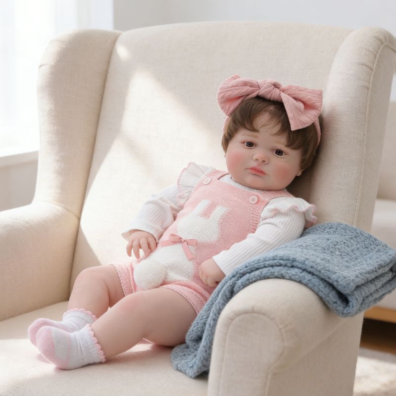 26-Inch Realistic Vinyl Baby Doll in Pink Outfit with Bow Headband – Hand-Painted Collectible Doll with Brown Eyes