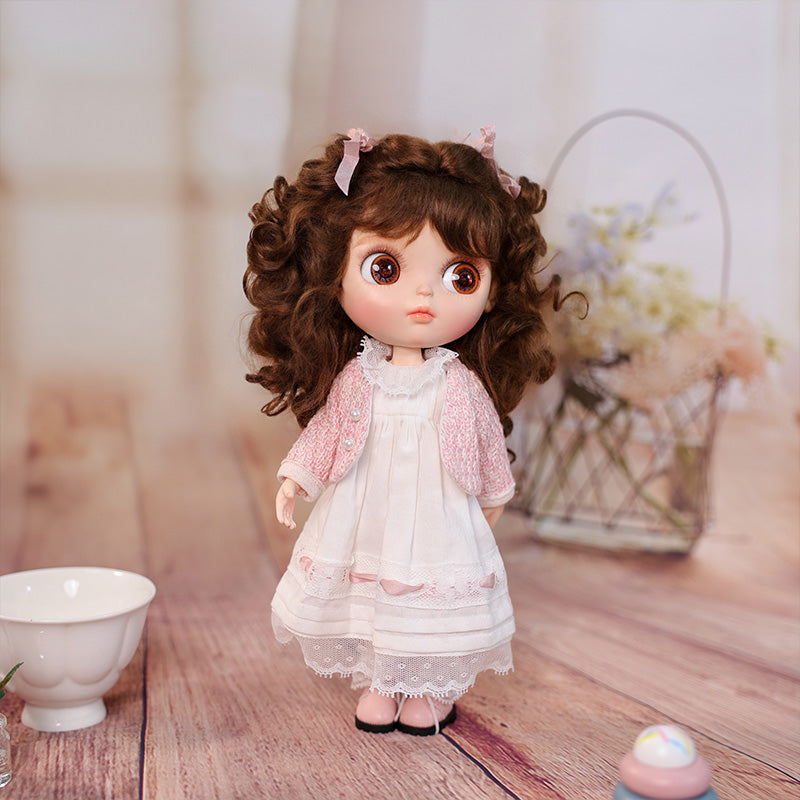 Cloveray 12-inch Big Eyes Porcelain Doll With White Dress and Pink Coat