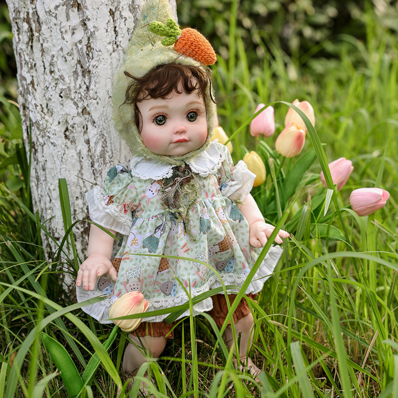 Cloveray 18 Inch Reborn Baby Doll in Floral Dress with Light Green Pixie Hood