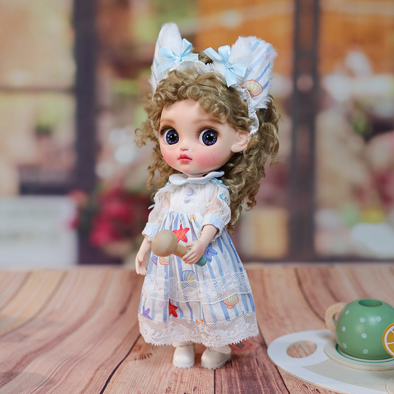 Cloveray 12-inch Big Eyes Porcelain Doll With Blue and White Dress