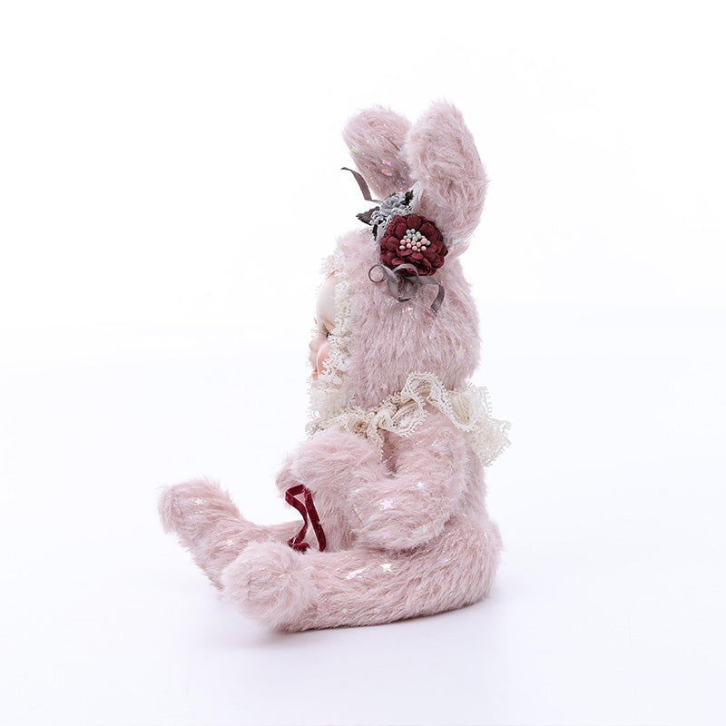 Cloveray 8 Inch High-Quality porcelain Smiling Rabbit-Eared Soft Pink Plush Doll