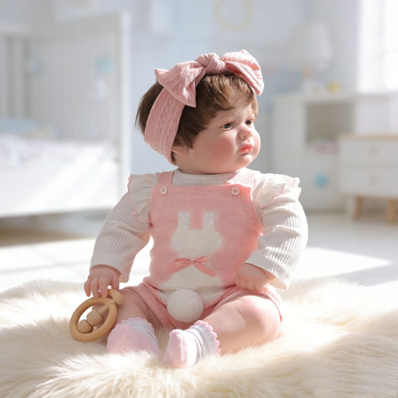 26-Inch Realistic Vinyl Baby Doll in Pink Outfit with Bow Headband – Hand-Painted Collectible Doll with Brown Eyes