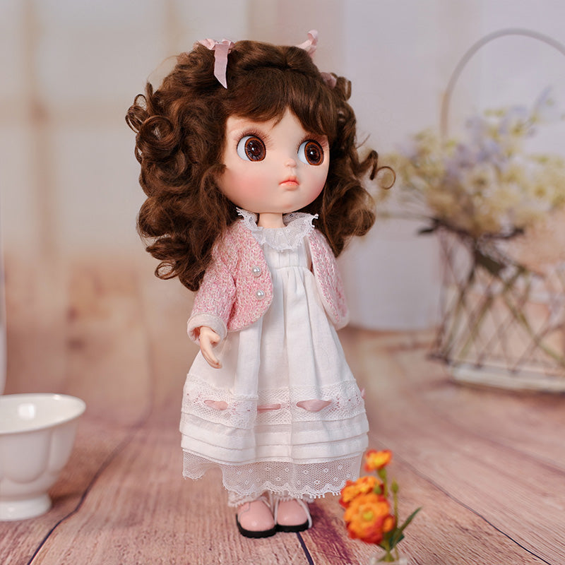 Cloveray 12-inch Big Eyes Porcelain Doll With White Dress and Pink Coat