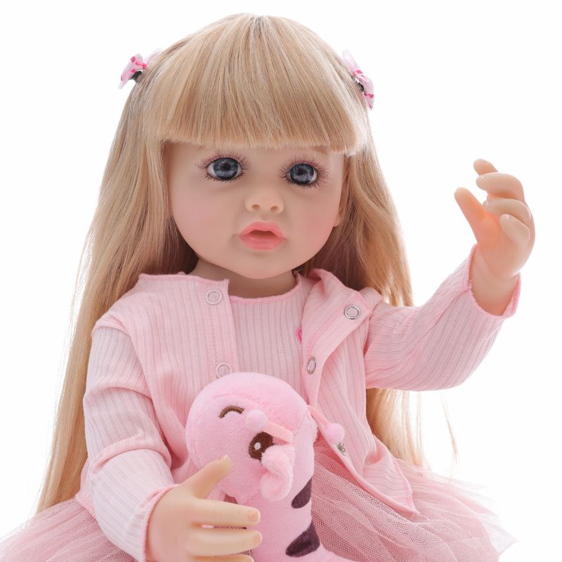 22-Inch Realistic Vinyl Baby Doll with Blue Eyes and Pink Outfit – Hand-Painted Collectible Doll with Blonde Hair