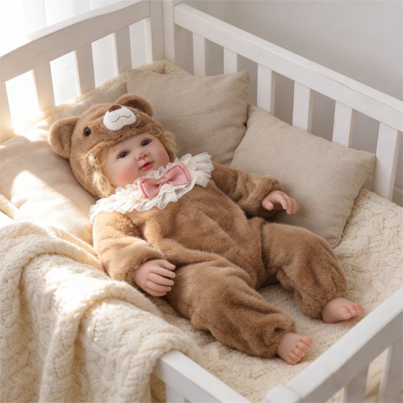 28-Inch Realistic Vinyl Baby Doll in Brown Plush Bear Suit – Hand-Painted Collectible with Blue Acrylic Eyes