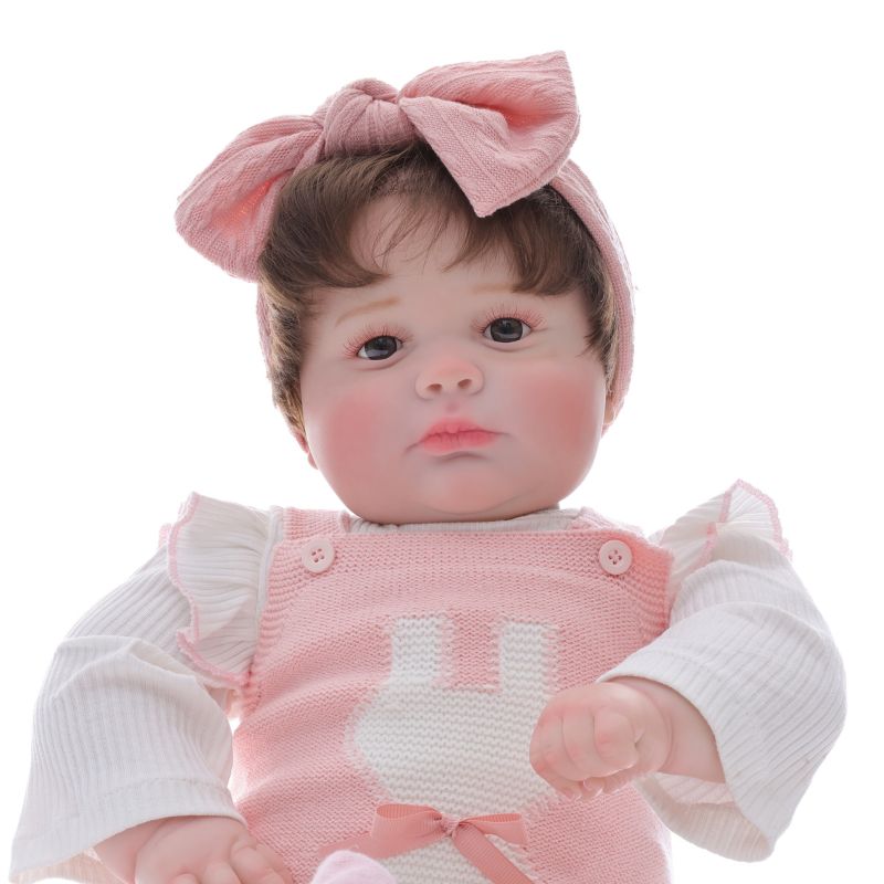 26-Inch Realistic Vinyl Baby Doll in Pink Outfit with Bow Headband – Hand-Painted Collectible Doll with Brown Eyes