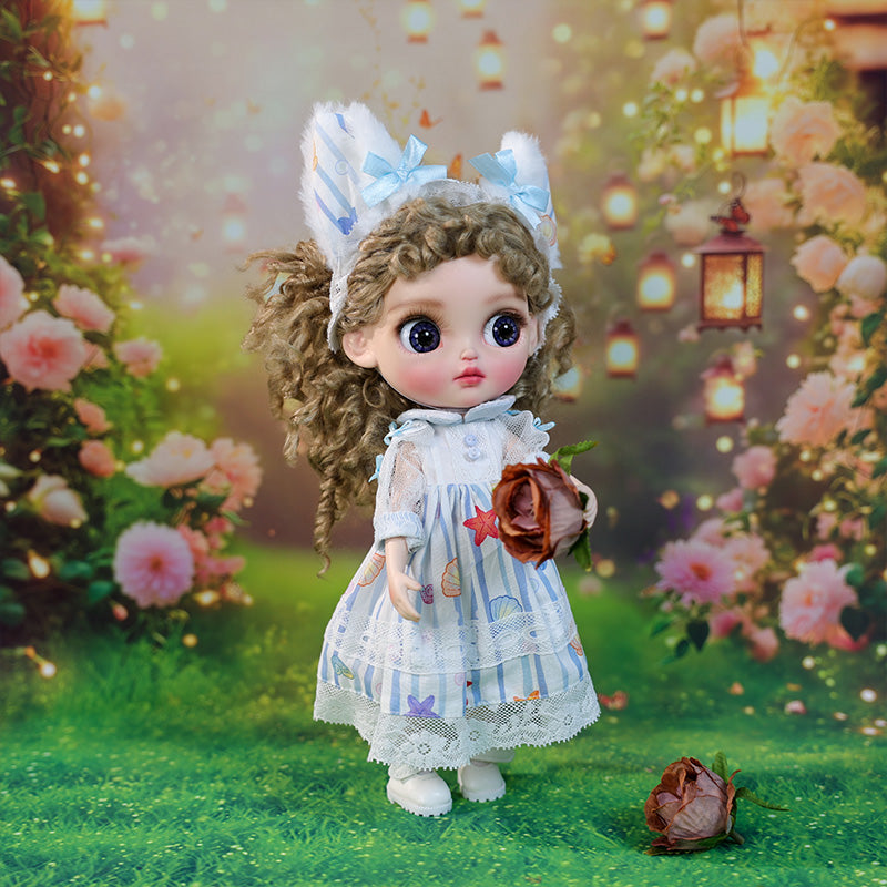 Cloveray 12-inch Big Eyes Porcelain Doll With Blue and White Dress