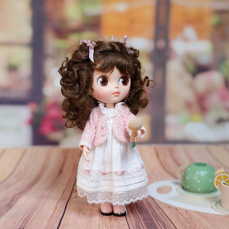 Cloveray 12-inch Big Eyes Porcelain Doll With White Dress and Pink Coat