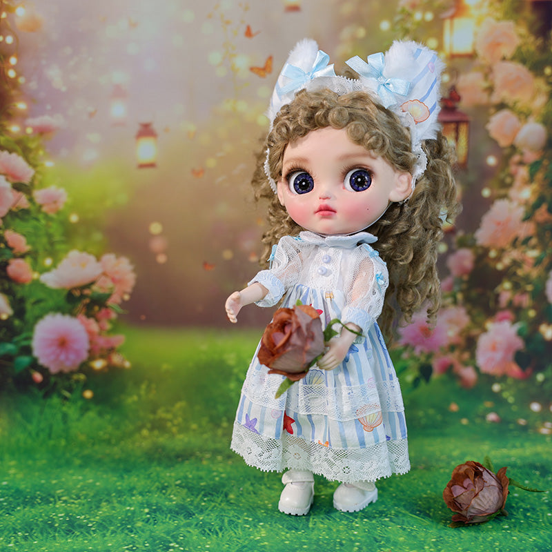 Cloveray 12-inch Big Eyes Porcelain Doll With Blue and White Dress