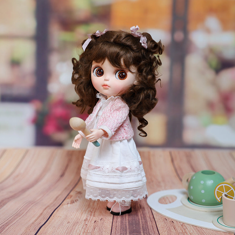 Cloveray 12-inch Big Eyes Porcelain Doll With White Dress and Pink Coat