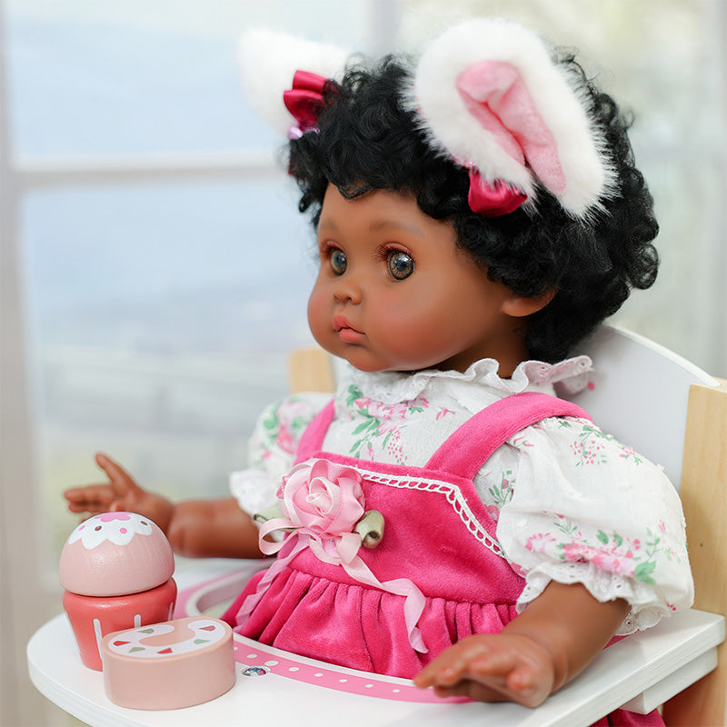 Cloveray 18-Inch Dark-Skin Reborn Vinyl Doll in Pink Dress