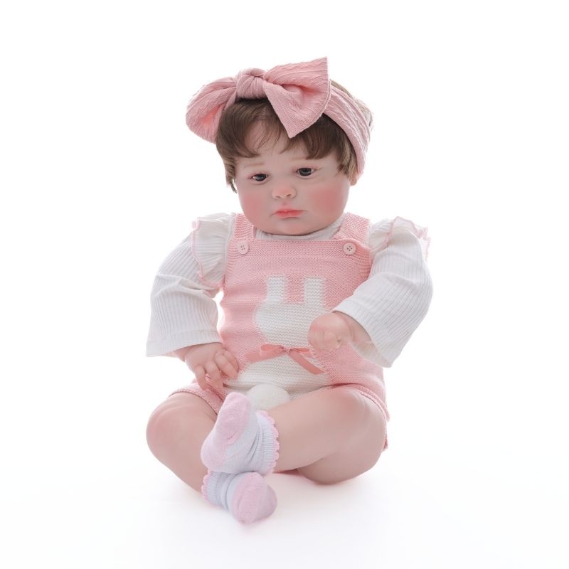26-Inch Realistic Vinyl Baby Doll in Pink Outfit with Bow Headband – Hand-Painted Collectible Doll with Brown Eyes