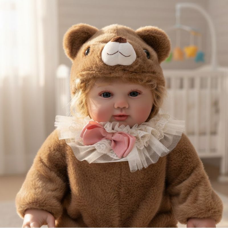 28-Inch Realistic Vinyl Baby Doll in Brown Plush Bear Suit – Hand-Painted Collectible with Blue Acrylic Eyes