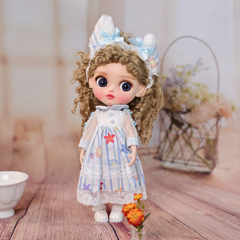 Cloveray 12-inch Big Eyes Porcelain Doll With Blue and White Dress