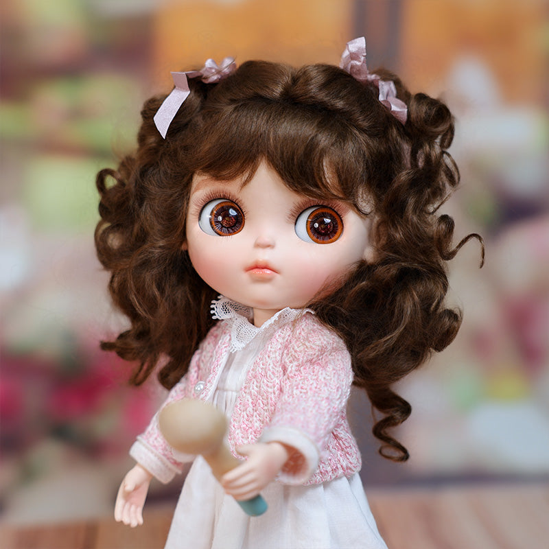 Cloveray 12-inch Big Eyes Porcelain Doll With White Dress and Pink Coat