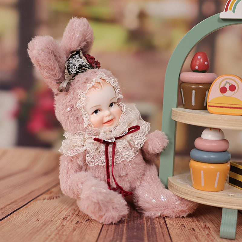Cloveray 8 Inch High-Quality porcelain Smiling Rabbit-Eared Soft Pink Plush Doll