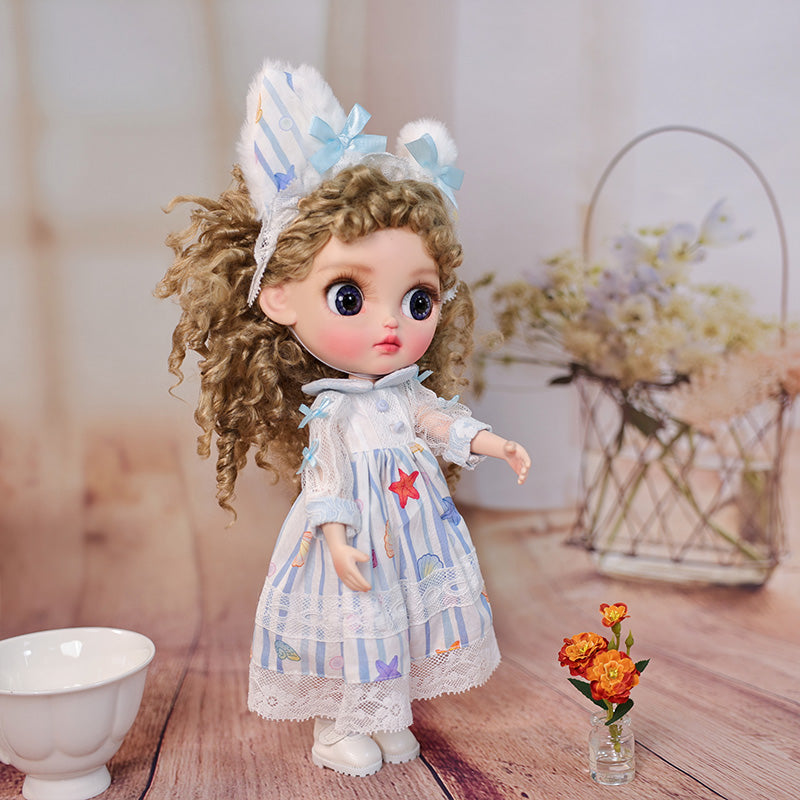 Cloveray 12-inch Big Eyes Porcelain Doll With Blue and White Dress