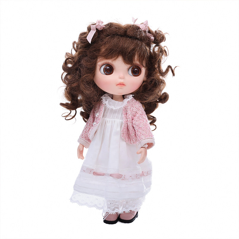 Cloveray 12-inch Big Eyes Porcelain Doll With White Dress and Pink Coat