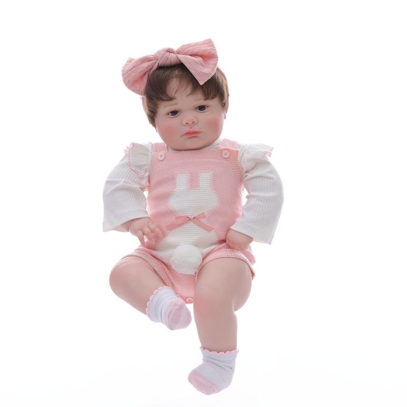 26-Inch Realistic Vinyl Baby Doll in Pink Outfit with Bow Headband – Hand-Painted Collectible Doll with Brown Eyes