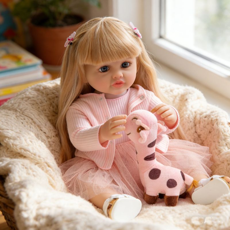 22-Inch Realistic Vinyl Baby Doll with Blue Eyes and Pink Outfit – Hand-Painted Collectible Doll with Blonde Hair