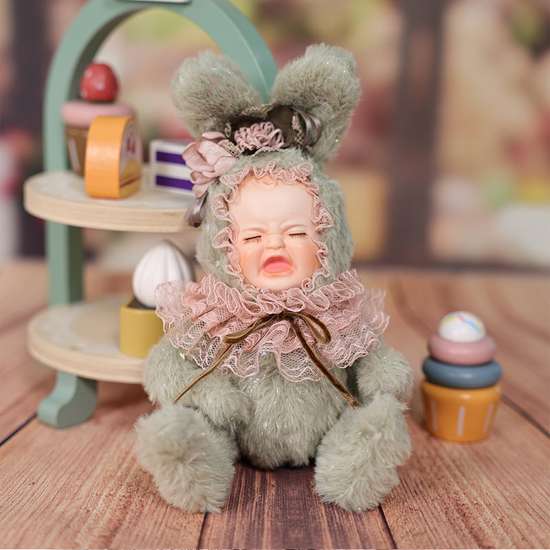 Cloveray 8 Inch High-Quality porcelain Crying Rabbit-Eared Mint Green Plush Doll