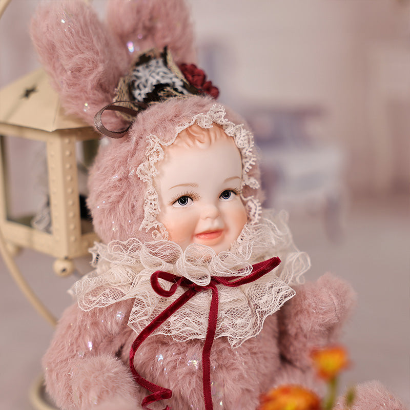 Cloveray 8 Inch High-Quality porcelain Smiling Rabbit-Eared Soft Pink Plush Doll