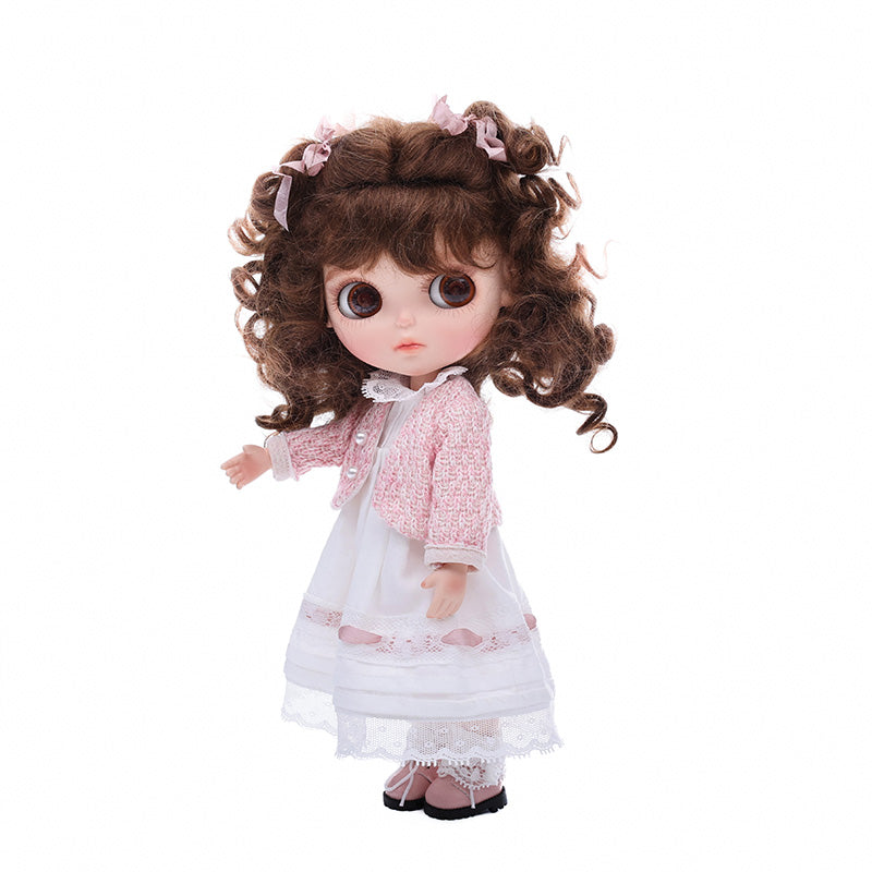 Cloveray 12-inch Big Eyes Porcelain Doll With White Dress and Pink Coat