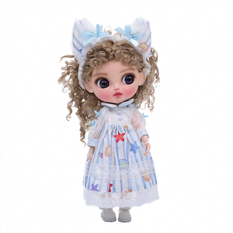 Cloveray 12-inch Big Eyes Porcelain Doll With Blue and White Dress