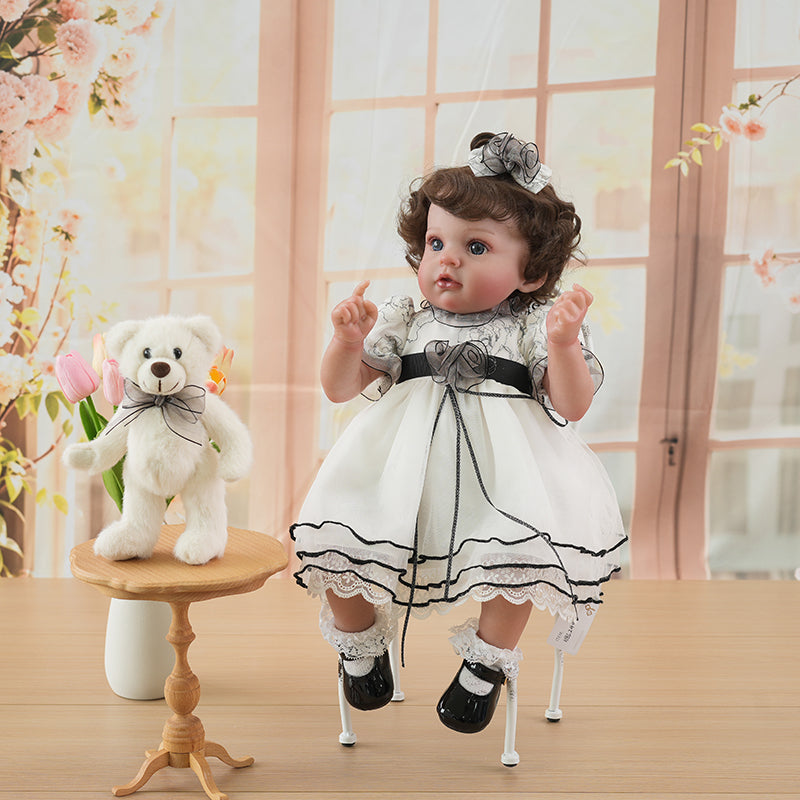 Cloveray Adorable Lifelike Reborn Baby Doll with Soft Teddy Bear in Cozy Cat-Eared Fluffy Chair