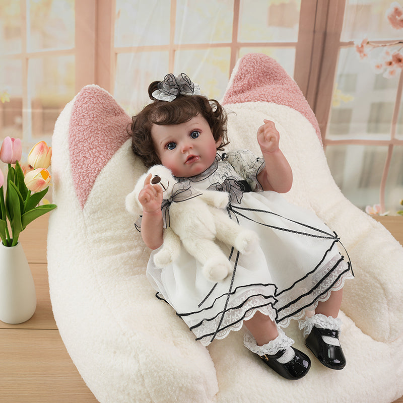 Cloveray Adorable Lifelike Reborn Baby Doll with Soft Teddy Bear in Cozy Cat-Eared Fluffy Chair
