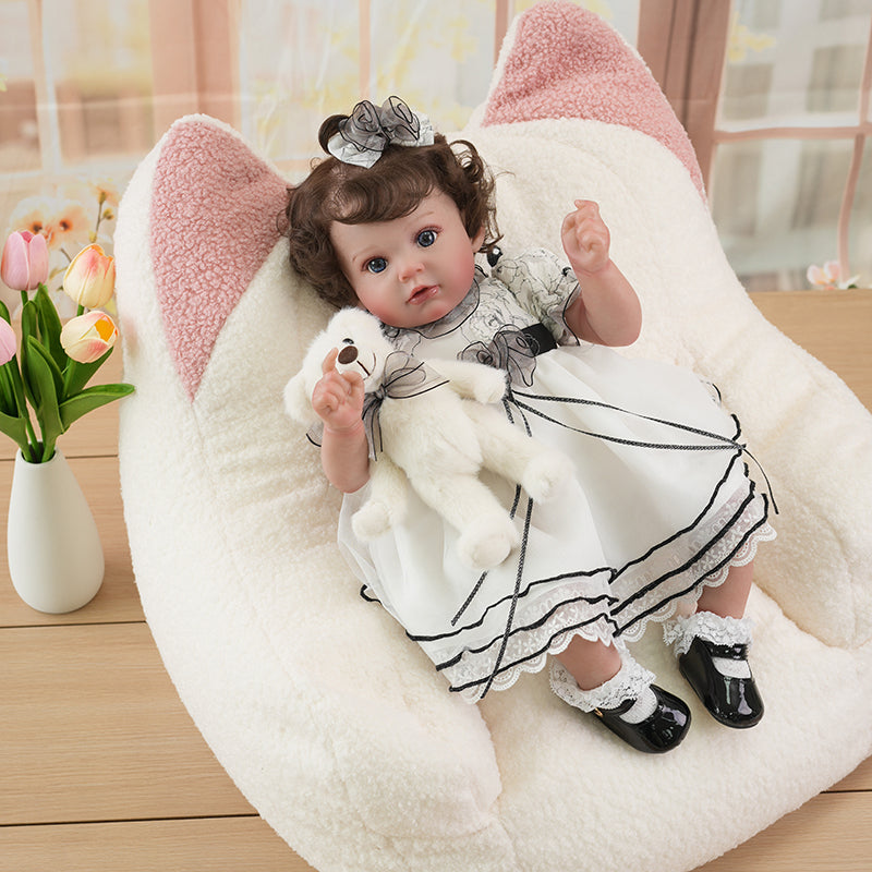Cloveray Adorable Lifelike Reborn Baby Doll with Soft Teddy Bear in Cozy Cat-Eared Fluffy Chair