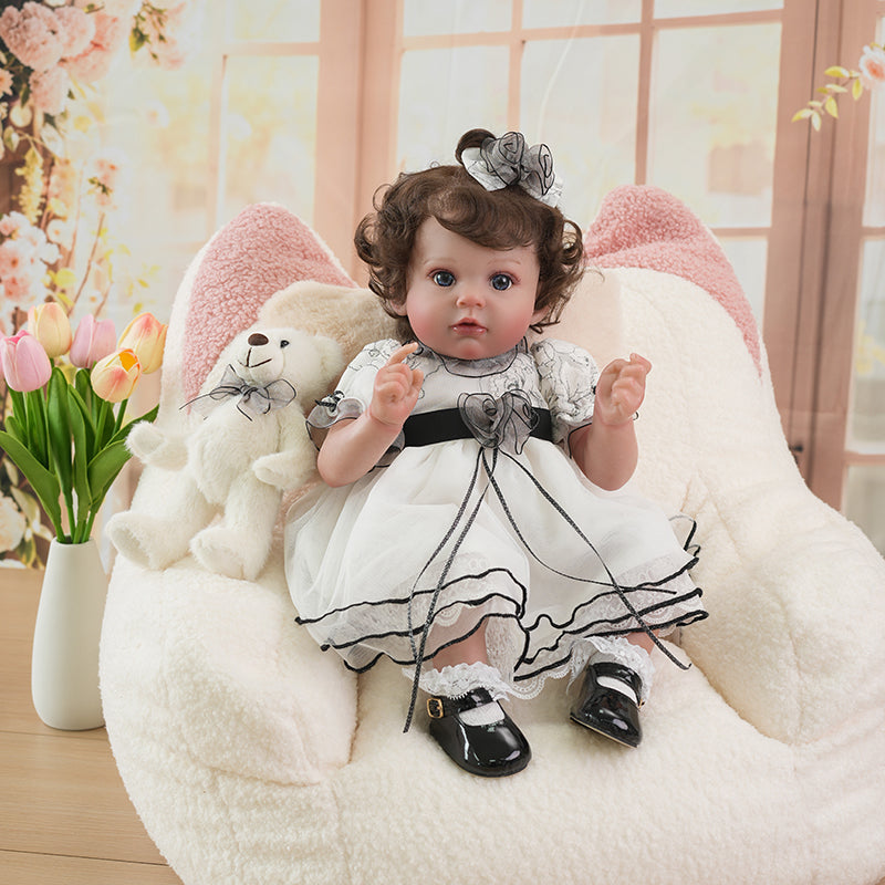 Cloveray Adorable Lifelike Reborn Baby Doll with Soft Teddy Bear in Cozy Cat-Eared Fluffy Chair