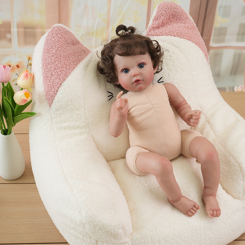 Cloveray Adorable Lifelike Reborn Baby Doll with Soft Teddy Bear in Cozy Cat-Eared Fluffy Chair