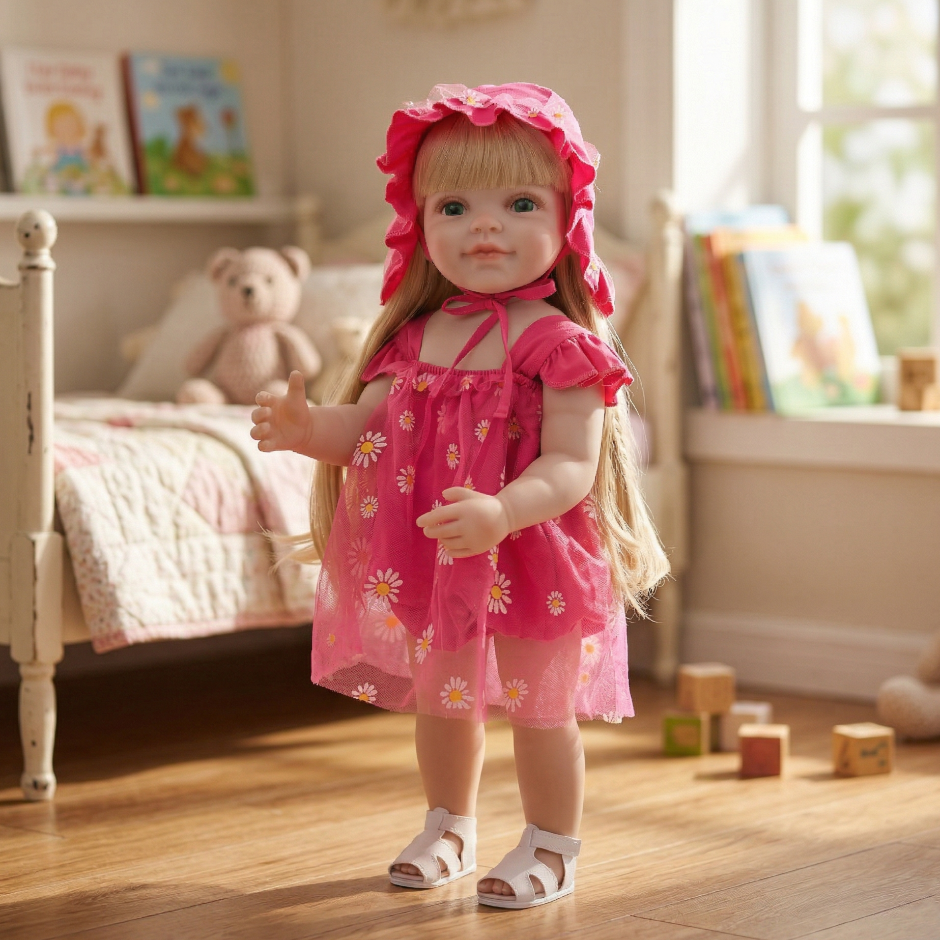 22-Inch Realistic Reborn Doll Girl Princess Style Full Plastic Body Standing Doll with Long Hair Lifelike Eyes Handmade Eyelashes Gift for Kids & Collectors