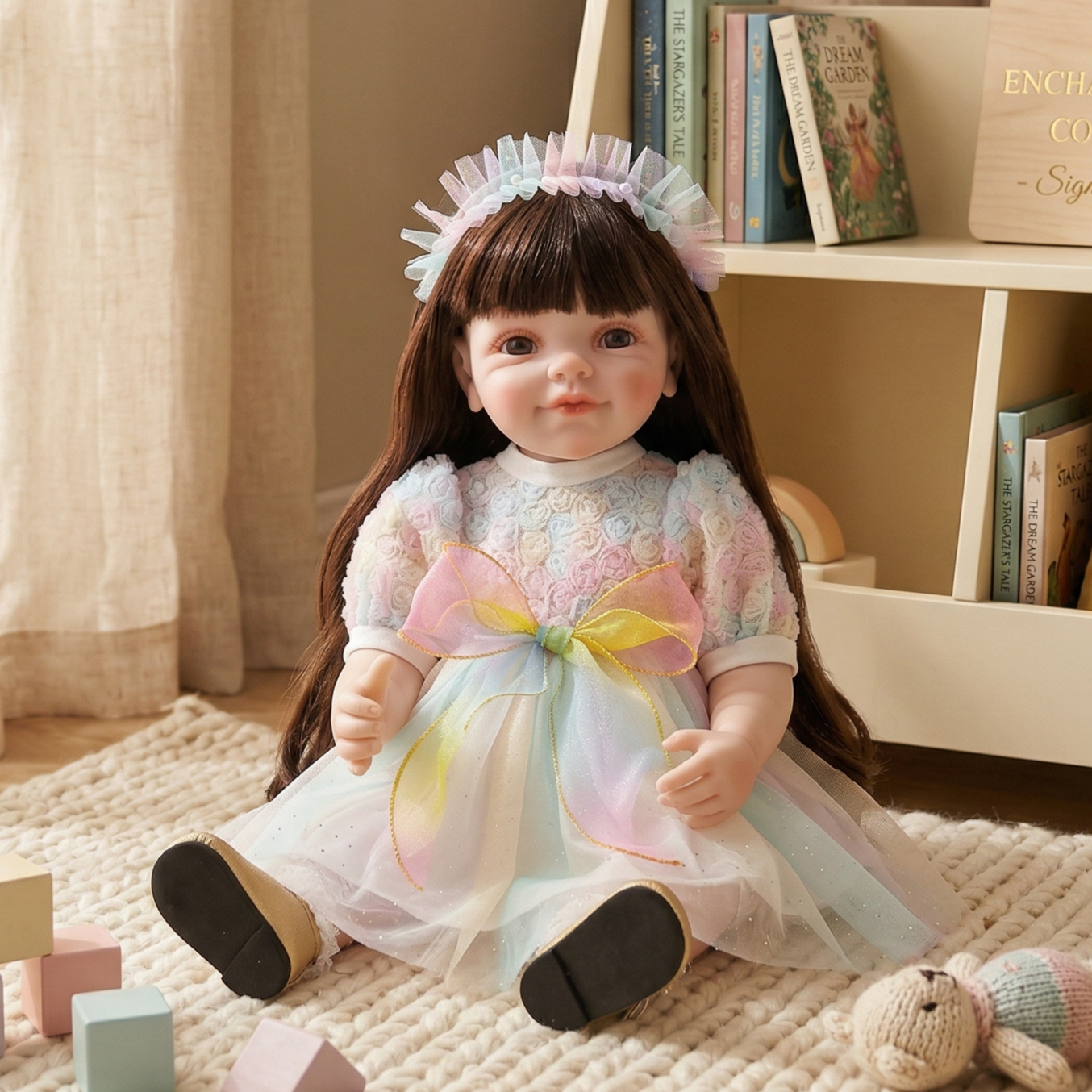22-Inch Realistic Reborn Doll Girl Princess Style Full Plastic Body Standing Doll with Long Hair Lifelike Eyes Handmade Eyelashes Gift for Kids & Collectors