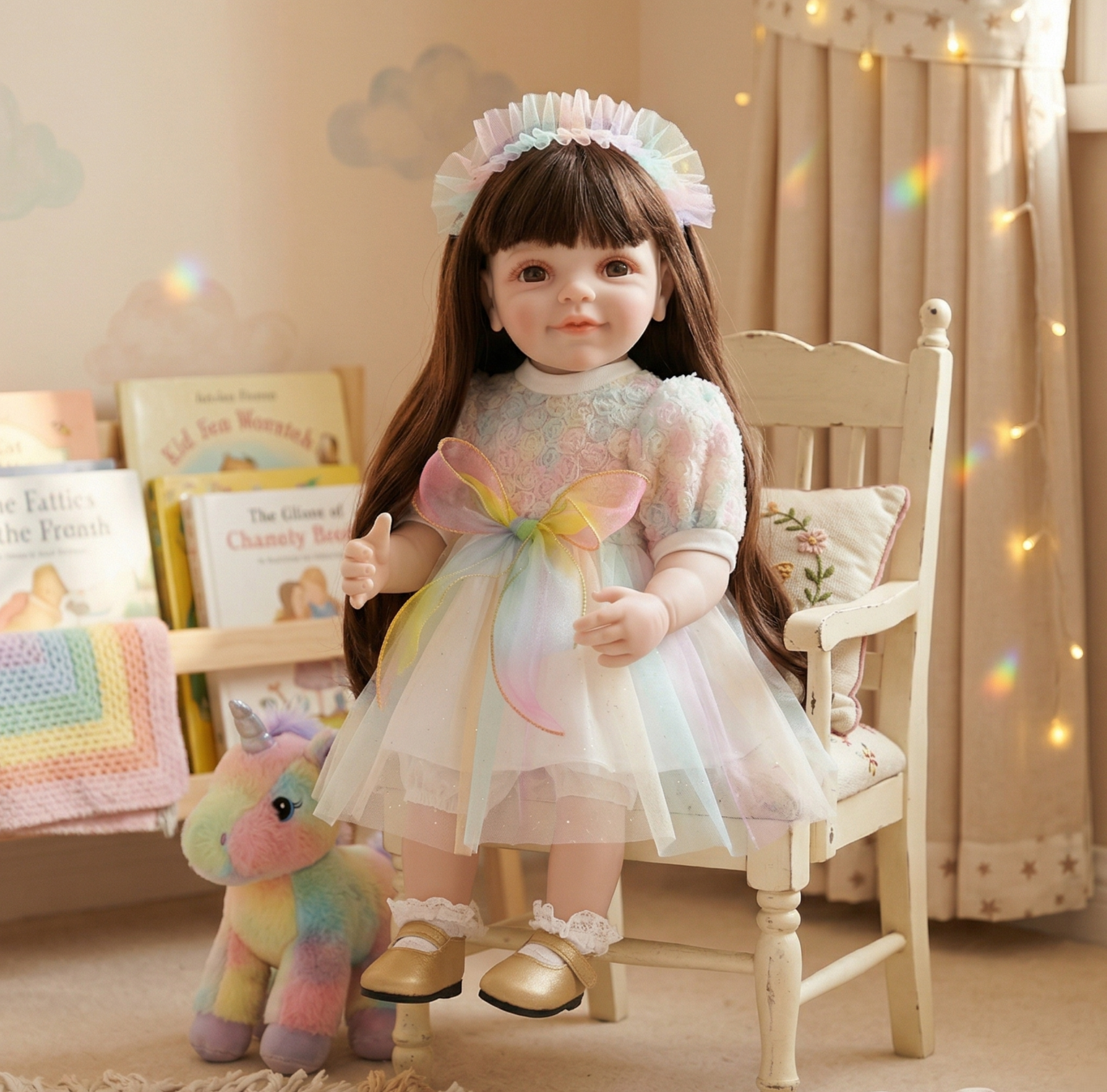 22-Inch Realistic Reborn Doll Girl Princess Style Full Plastic Body Standing Doll with Long Hair Lifelike Eyes Handmade Eyelashes Gift for Kids & Collectors
