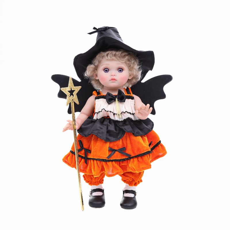 Cloveray 18 inch Newborn Bat Halloween Photo Prop Set: Velvet Dress + Wings + Hat + Wand + Pants + Shoes (Orange/Black)