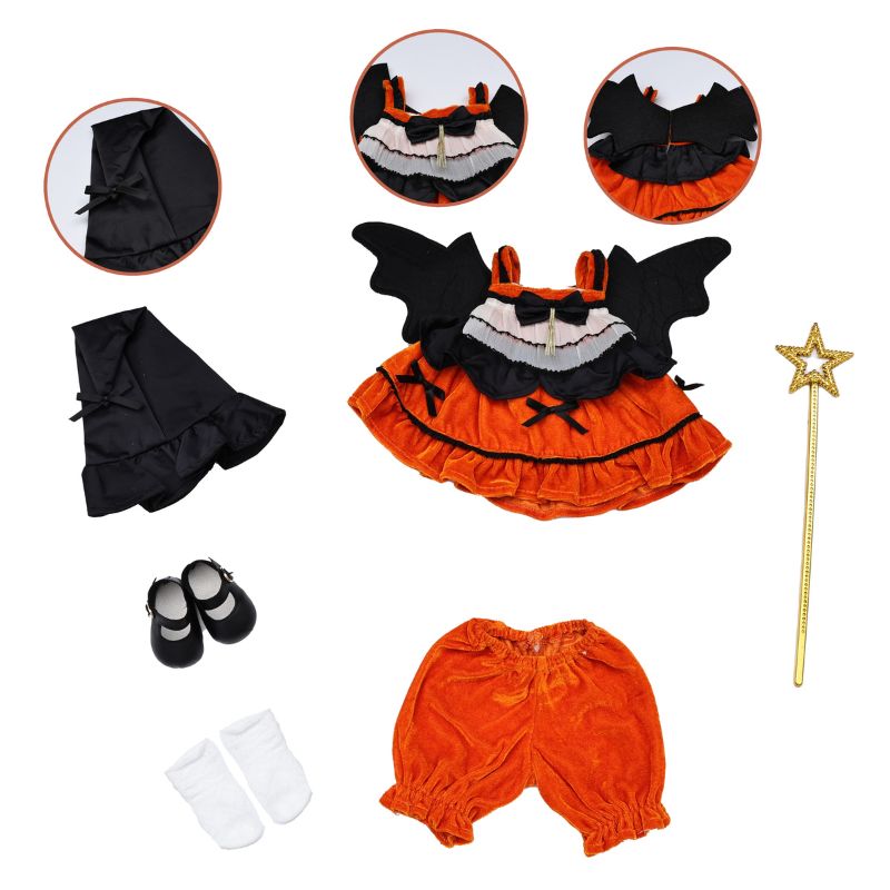 Cloveray 18 inch Newborn Bat Halloween Photo Prop Set: Velvet Dress + Wings + Hat + Wand + Pants + Shoes (Orange/Black)